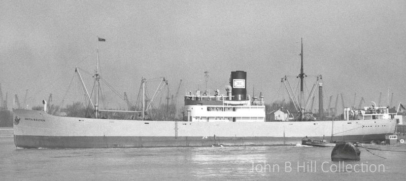 The 1,814grt Anita Bolten was built in 1939 by Fredriksstad MV as the Oscar Gorthon for Rederi A/B Gylfe. She joined Bolten in 1958. In 1960 she moved to Klasen & Traber as Brabant and in 1963 she became Eichberg. Later that year she was sold to Amoudi Inc. of Liberia and was renamed Gina N and in 1965 she moved to P.A. Stefanis & Co. as Eleni. In 1970 she was sold to Maritime Enterprises and renamed Norma, before being broken up at Perama in May 1971.