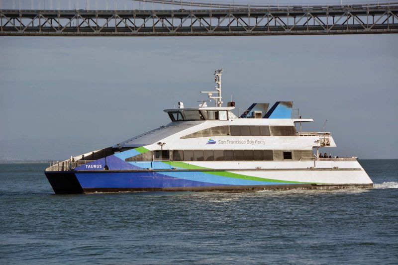 The 317gt ferry Taurus of San Francisco WETA passing the Bay Bridge. She was built in 2010 by Nichols Bros. at Freeland, Washington.