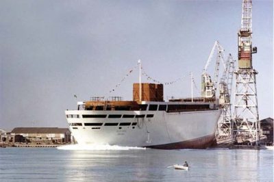 The launch of the Oceanic at the Riuniti Adriatico shipyard on 15th January 1963.