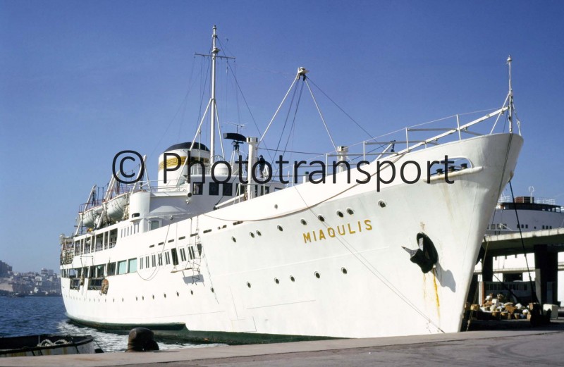 The 1,714grt Miaoulis was built in 1952 by Riuniti Adriatico at Monfalcone for the Greek Government as part of the reparations after World War II. She operated the first cruises for Swan Hellenic. In 1988 she became SadafI and later that year, Junior 3 for her final voyage to Gadani Beach where she was broken up by West Pakistan Tank Terminals, arriving there on 6th May.