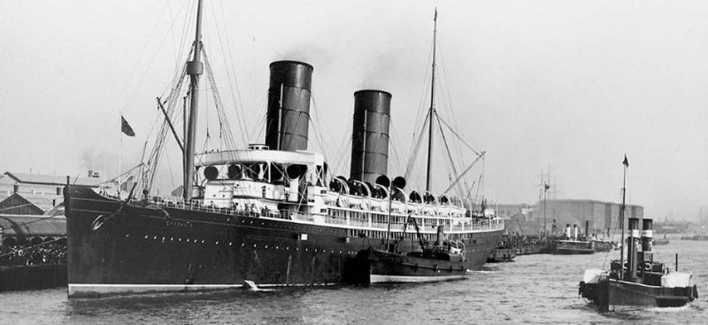 The 12,950grt Campania of Cunard Line in Liverpool around the turn of the 20th century. She was built in 1893 by Fairfields at Govan. After conversion to an Armed Merchant Cruiser she was involved in a collision on 5th November 1918 with the battleship Royal Oak in high winds in the Firth of Forth and sank.