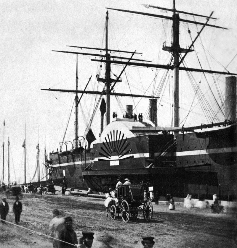 The Great Eastern at her New York berth in the Hudson River on her maiden call there on 28th June 1860.