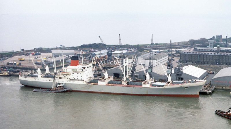 The 16,275grt Port Chalmers, seen here at Sheerness in 1975, was built in 1968 by Alexander Stephen at Linthouse. in 1982 she was transferred to sister company Brocklebanks and renamed Manaar, and in 1983 she was sold to Mint Crown Shipping of Piraeus and renamed golden glory. She was broken up at Shanghai where she arrived on 13th June 1985 after a relatively short career.