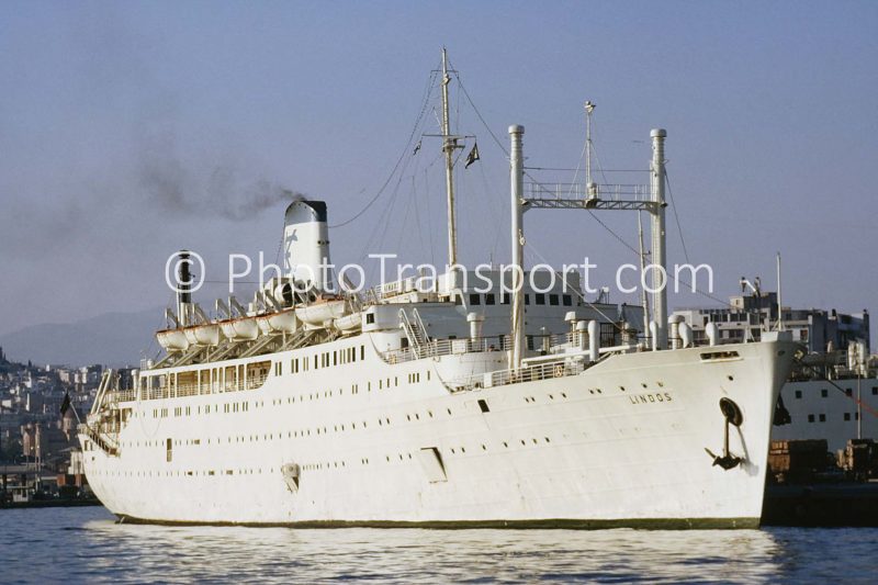 The 9,831grt Lindos of Constantinos E. Efthymiadis at Piraeus on 23rd June 1971. She was built in 1952 by Mediterranee at La Seyne as the Lyautey for Cie. de Nav. Pacquet. For a brief period in 1966 they renamed her Galilee before she reverted to her original name. She became Lindos in 1968 and on 17th February 1974 she arrived at Castellon to be broken up by I. M. Varela Davalillo. Photo: PhotoTransport.com