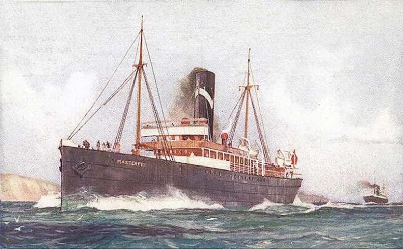 The 1,794grt Masterful was built in 1905 by Harkess at Middlesbrough for F.H. Powell & Co. In 1913 she was sold to Brain & Blanchard of Chile and renamed Valdivia. On 2nd May 1918 she was torpedoed and sunk by U-70 off Gibraltar while on a voyage from Buenos Aires to Cette.