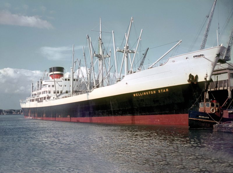 The 11,994grt Wellington Star of Blue Star Line at Avonmouth in September 1967. She was built in 1952 by John Brown at Clydebank. In 1975 she was sold to Broad Bay Shipping of Panama, converted into a livestock carrier and renamed Hawkes Bay. On 9th August 1979 she arrived at Kaohsiung to be broken up by Nan Kwang Steel & Iron Co. In the foreground is the 1897 built former Sharpness tug Resolute.