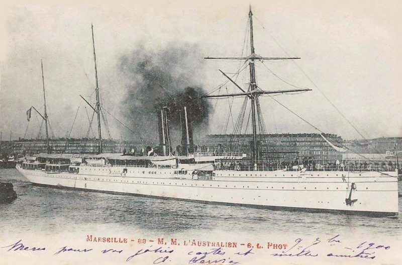The 6,428grt Australien was built in 1890 by Messageries Maritimes at La Ciotat. On 19th July 1918 she was torpedoed and sunk by U-54 26nm NE of Cape Bon. Twenty lives were lost.