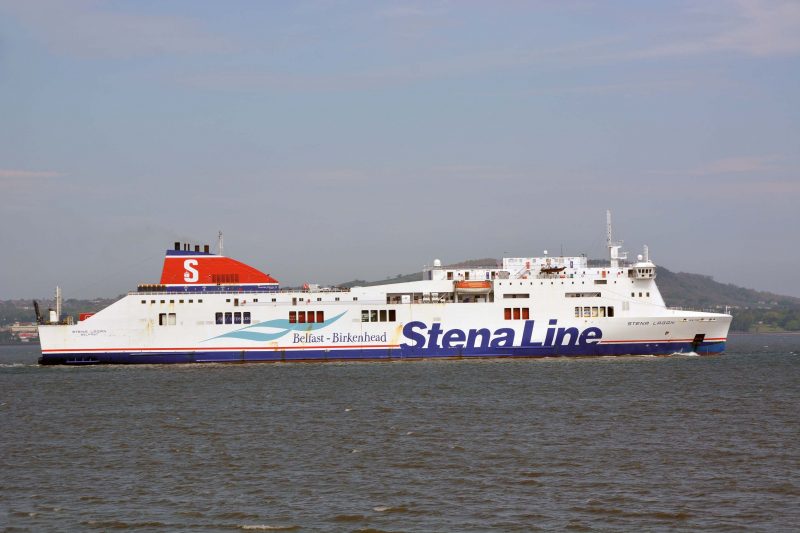 The 27,510gt Stena Lagan leaving Belfast for Birkenhead. She was built in 2005 by Visentini at Porto Viro for Levantina Transporti. She was chartered to Norse Merchant Ferries as Lagan Viking, and subsequently operated by Norfolkline. Following their takeover by DFDS, she was renamed Lagan Seaways. She moved to Stena in 2011.